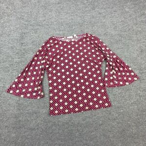 New York & Company Blouse Womens Small Pink Geometric Bell Sleeve Stretch Top